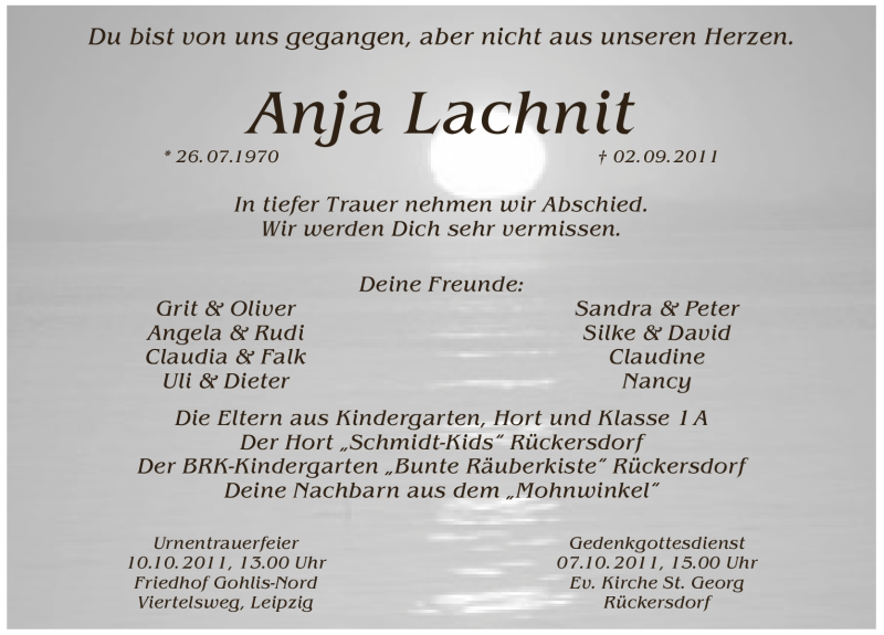  Traueranzeige für Anja Lachnit vom 24.09.2011 aus Pegnitz-Zeitung